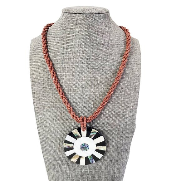 Vtg Inlaid Abalone & Mother of Pearl on Brown Multi Strand Seed Beaded Necklace - Picture 8 of 8